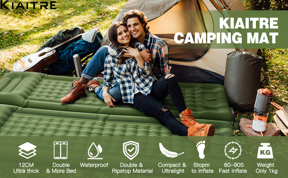 Self-Inflating Camping Mat with Pillow & Foot Pump - 12cm Thick, Ultralight Waterproof Sleeping Pad for Hiking, Beach, Outdoor & Tent Use