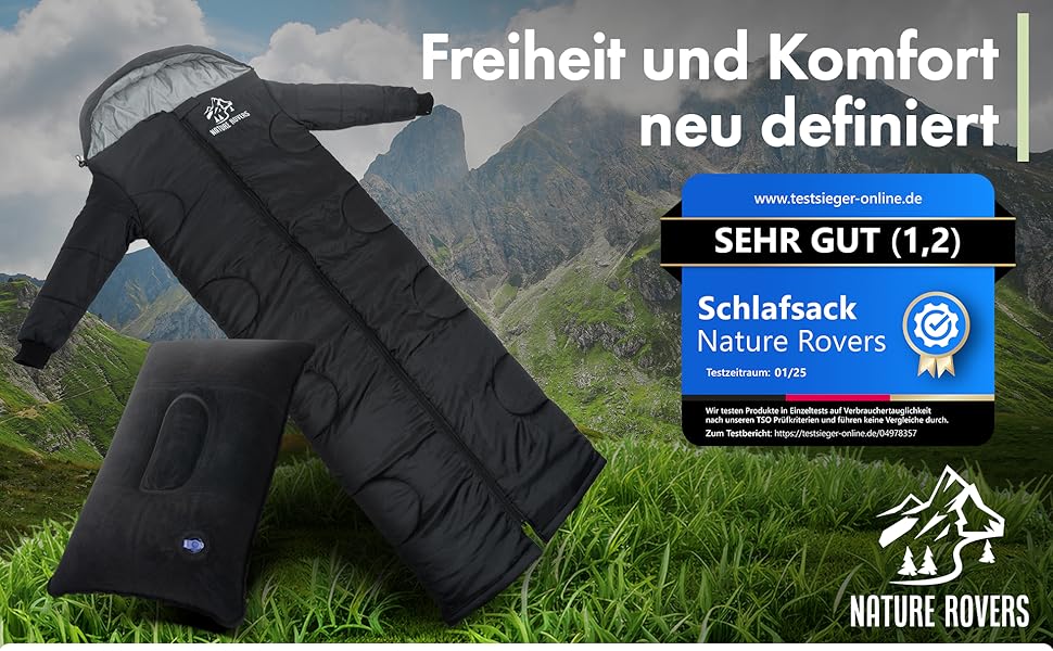 Спальний мішок з рукавами Nature Rovers, чорний, для дорослих, 3 сезони, водонепроникний, з подушкою, 220x80 см
