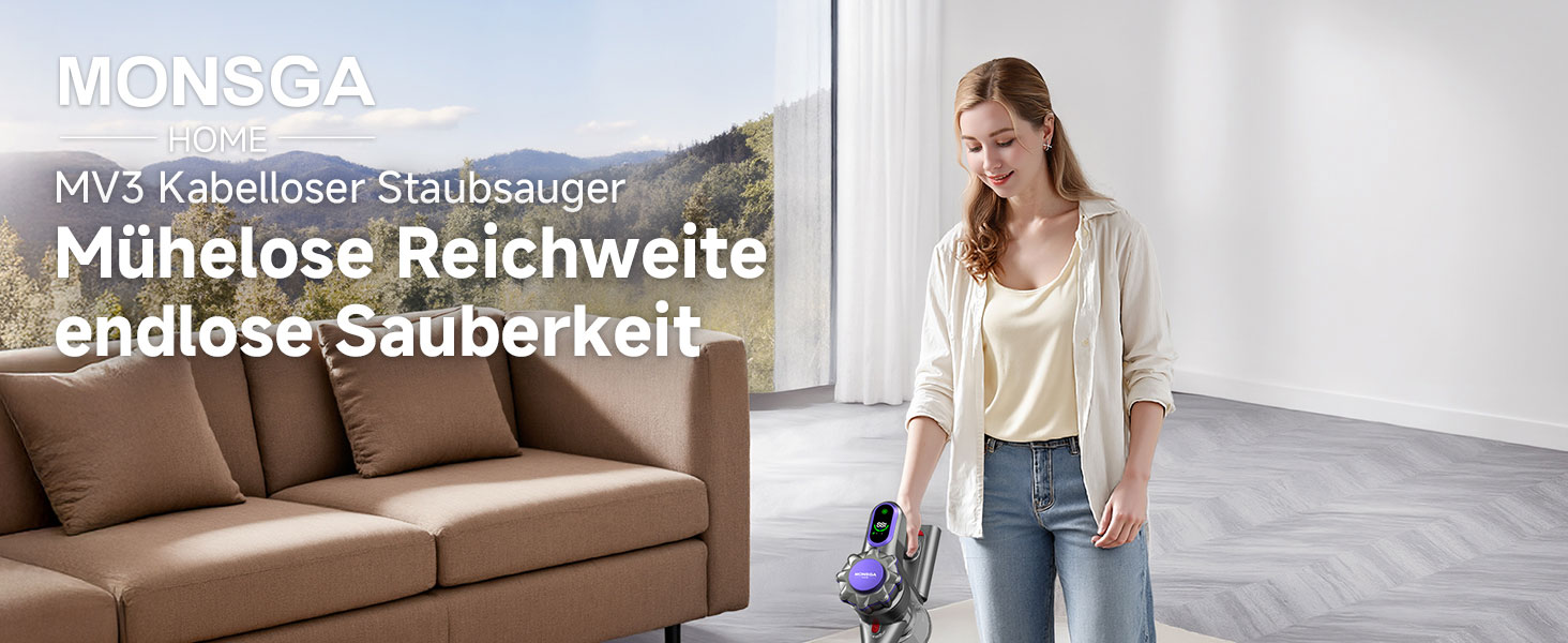 MONSGA Бездротовий акумуляторний пилосос з дисплеєм, 45000Pa, 50 хвилин роботи, антизаплутана щітка, самостійна парковка, док-станція на стіні, 8-шарова фільтрація, безщітковий двигун, для твердих поверхонь, килимів, шерсті тварин, авто