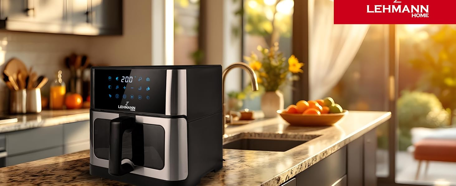 Фритюрниця повітряна LEHMANN з 2 камерами, 2400 Вт, AirFryer XXL з 12 програмами, до 200°C, WiFi, 10л, з вікном, для смаження, випікання, сушіння, грилю