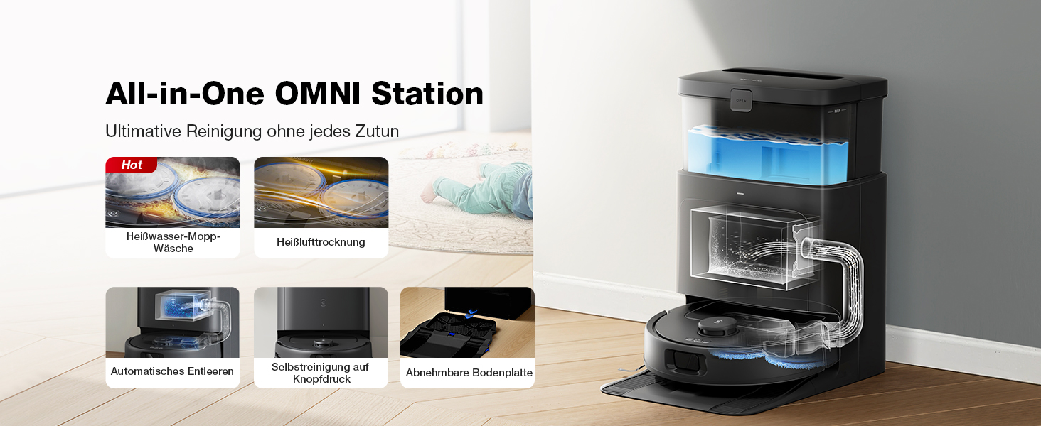 Робот-пилосос ECOVACS DEEBOT N30 PRO Omni з функцією миття, 10000 Па, технологія ZeroTangle 2.0, TruEdge, миття гарячою водою 60°C, сушка гарячим повітрям, білий (чорний)