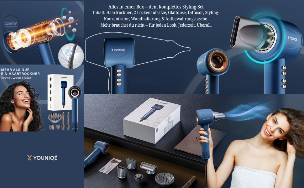 Фен YOUNIQÉ 5-в-1 з іонізацією, насадки для локонів, випрямлення, дифузор та концентратор, 1600W, LED, 4 температурні режими, магнітні насадки, ергономічний дизайн, блакитний/золотий