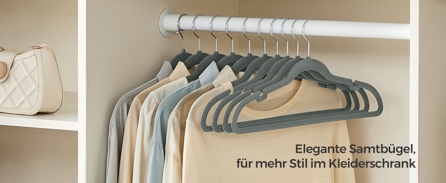Набір вішалок SONGMICS 50 шт. для одягу, сірі, з неслизьким покриттям, з перекладиною для штанів, 360° обертовий гачок, тонкі, 43 см