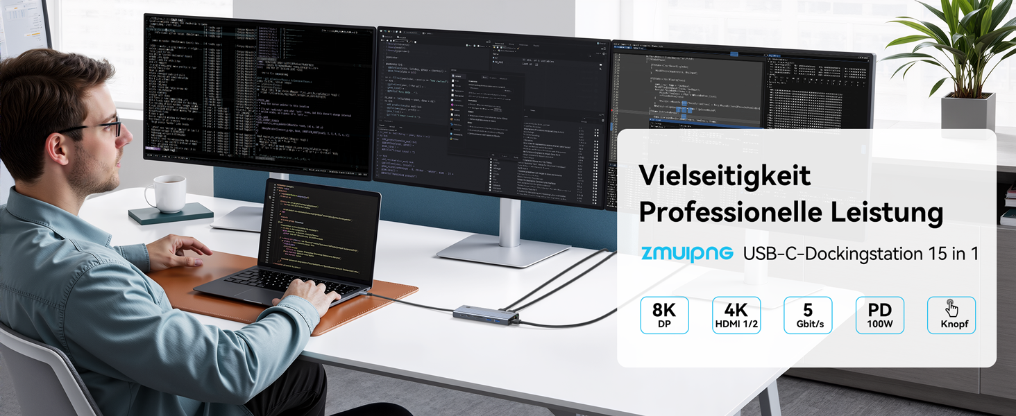 Док-станція USB-C для ноутбука: 2 монітори 4K HDMI, DP, Ethernet, 4 USB, 100W PD, SD/TF, Audio/Mic (15 в 1)