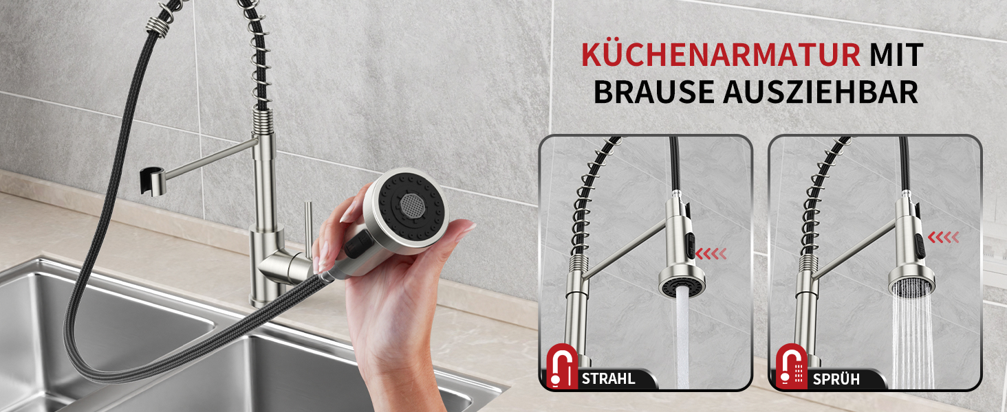 Кухонний змішувач Rainsworth з нержавіючої сталі з двома режимами струменя та висувною лійкою, 360° обертання, висота 45 см