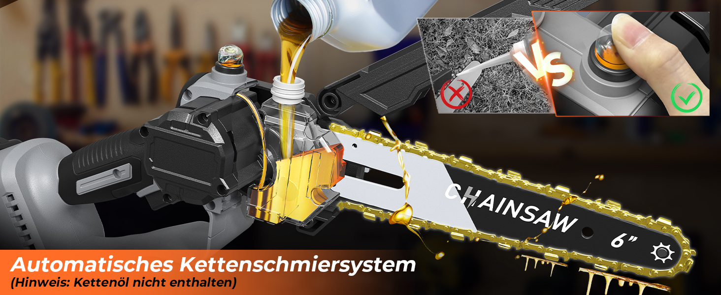 Акумуляторна міні-пила для саду та дерева 6 дюймів, 1000W безщітковий двигун, сумісна з Makita 18V, автоматичний змащувач, для обрізки гілок та дерева (1*2000mAh)
