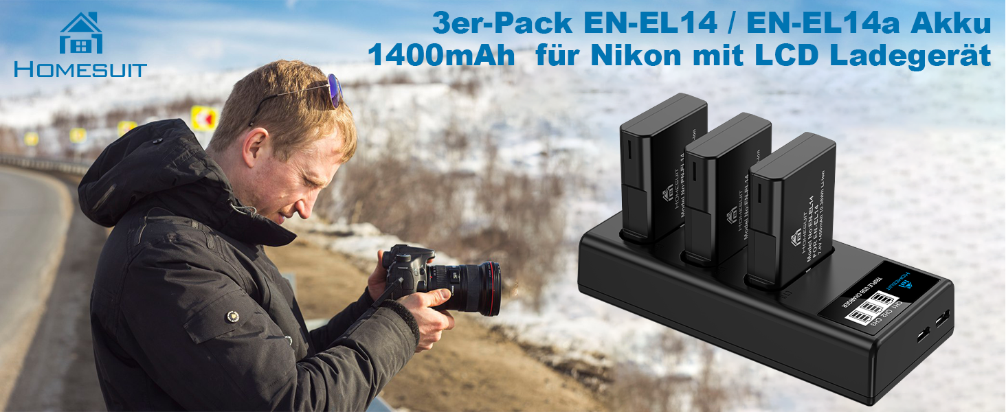 Акумулятор EN-EL14 1300mAh та USB LED зарядний пристрій для Nikon D3100, D3200, D3300, D3500, D5100, D5200, D5300, D5500, D5600, Coolpix P7000, P7100, P7200, P7700, P7800 (2 шт.)