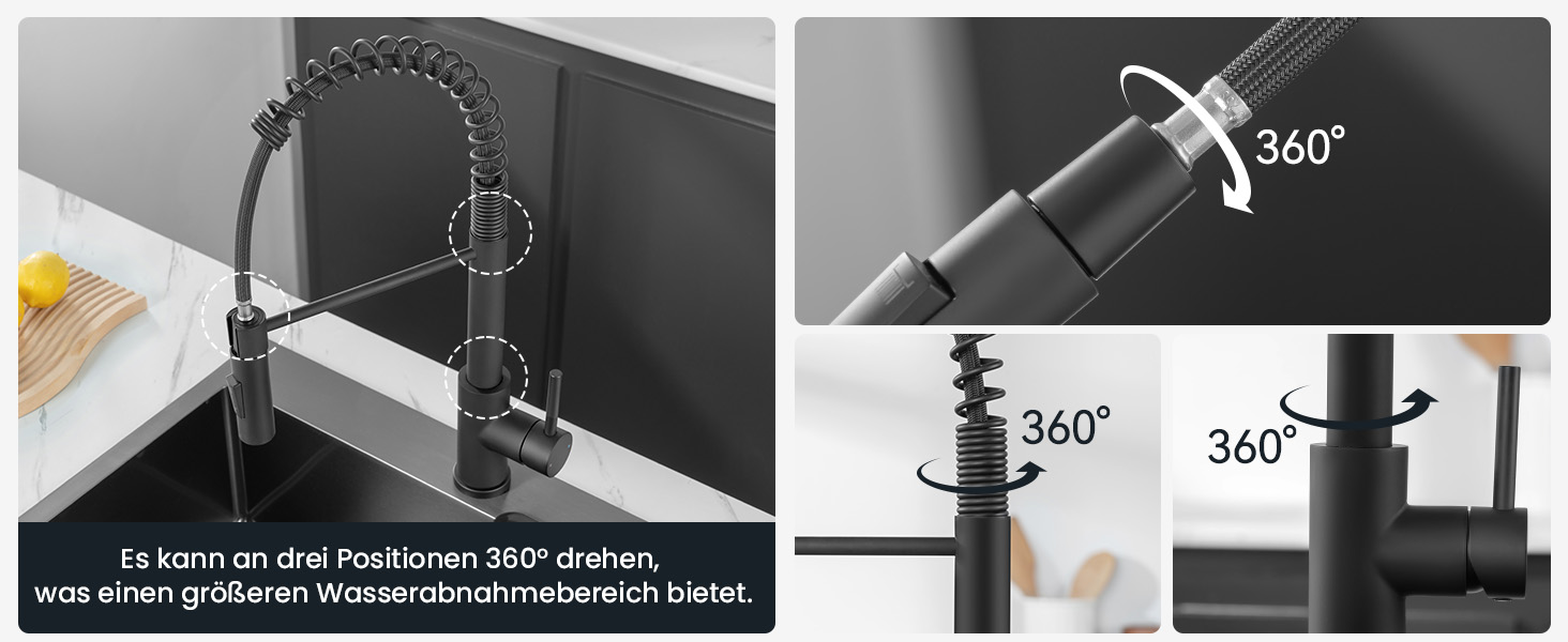 Кран кухонний CECIPA з висувною лійкою, високий поворотний вилив, 360° оберт, нержавіюча сталь, чорний