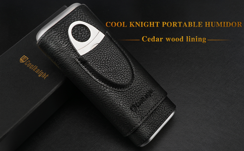 Чохол для сигар COOL KNIGHT з натуральної шкіри, з підкладкою з кедру, для подорожей, з нержавіючою сталею та різаком для сигар, подарункова коробка для поціновувачів сигар (Чорний)