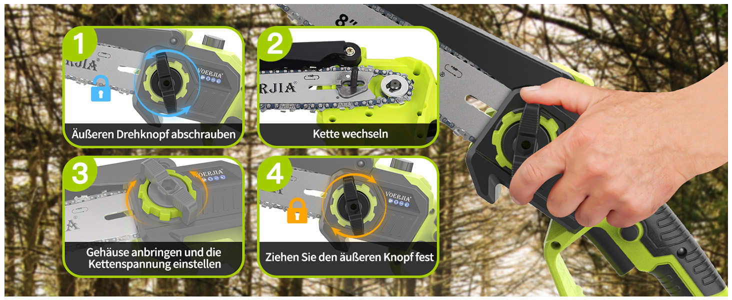 Акумуляторна висоторіз Kettensäge 2-в-1, 6/8 футів, телескопічна штанга, 2x4.0Ah акумулятор, автоматичне змащення, швидка заміна насадок, для обрізки дерев у саду