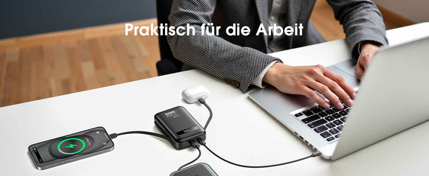 Powerbank 20000mAh з PD 35W, USB-C кабель, LED дисплеєм та 8 Pin кабелем. Чорний акумулятор для iPhone, iPad, Samsung Galaxy, Huawei та інших пристроїв