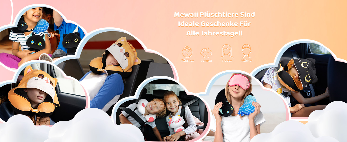 Подушка для шиї Mewaii для подорожей, двостороння подушка для дорослих, подушка для шиї з memory foam для літаків, обертова подушка для шиї з котячим капюшоном, регульований ремінь, чорний, перекидний