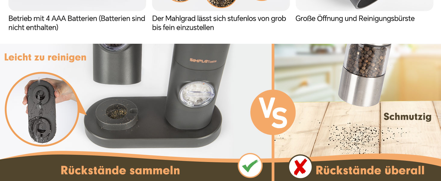Електричні мельниці для спецій SIMPLETASTE 2 шт. з регульованим керамічним жорном, ABS-пластик, живлення від батарейок AAA