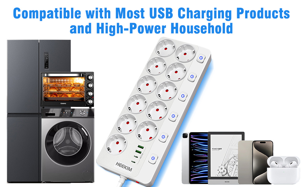 Многорозетка HEEKIM з USB, 11 розеток (2 USB-A, 2 USB-C), 4000W, 16A, з індивідуальним вимикачем, 2м кабель, для дому, школи, офісу