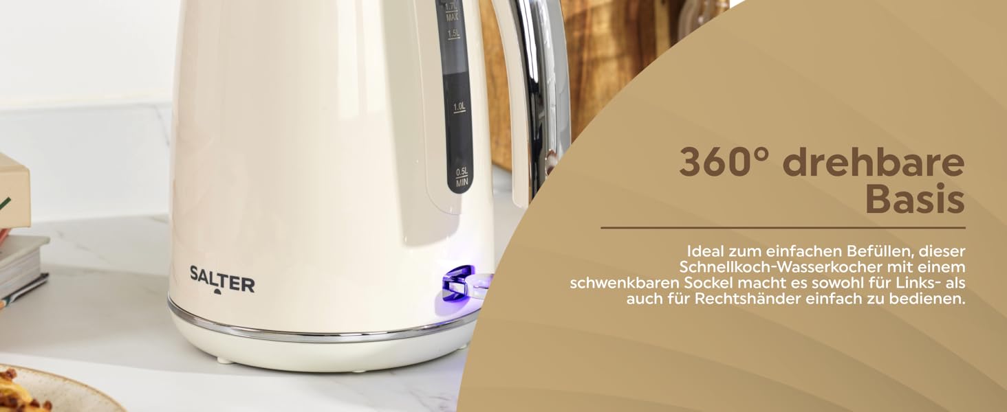 Електричний чайник Salter Retro Cream 1.7L з ретро-дизайном, 2.2 кВт, 360° обертання, фільтр від накипу, бездротовий, індикатор рівня води, захист від сухого кипіння, автоматичне вимкнення, кремовий колір
