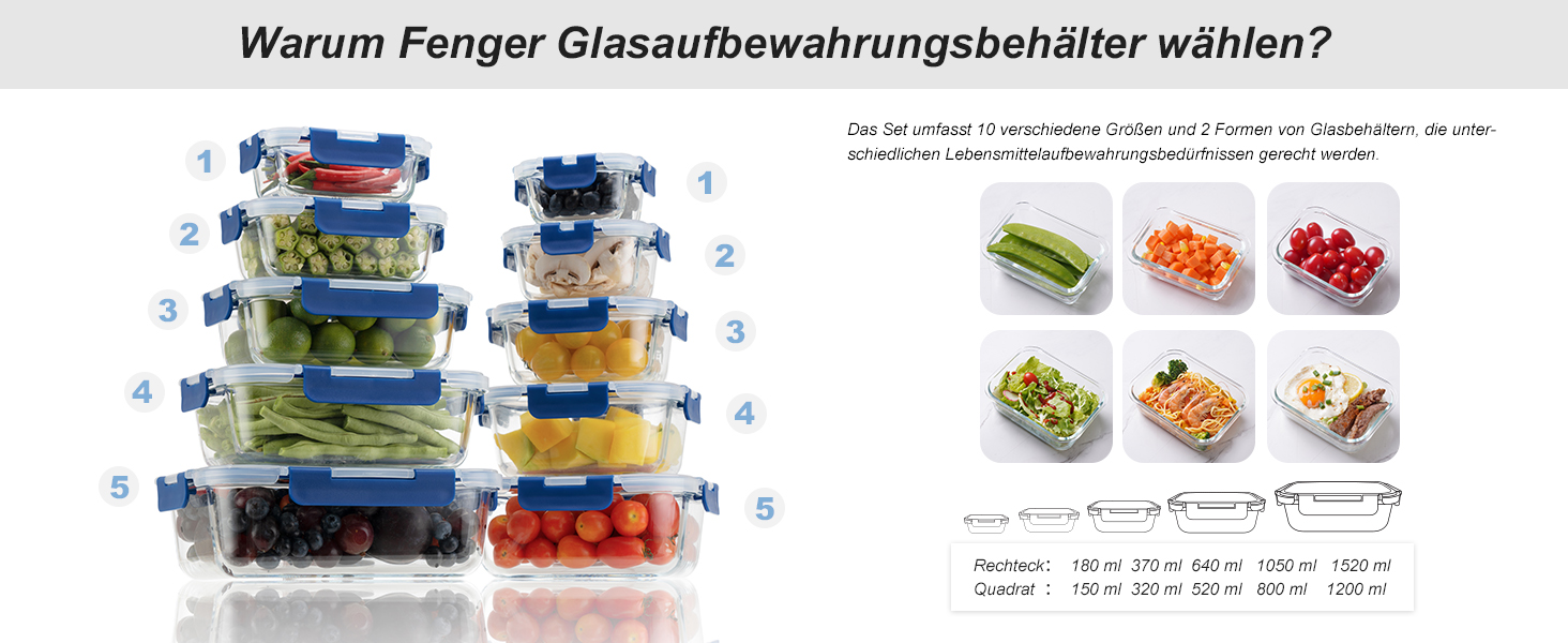Набір скляних контейнерів для зберігання їжі з кришками з преміум-пластику, 10 шт., блакитні