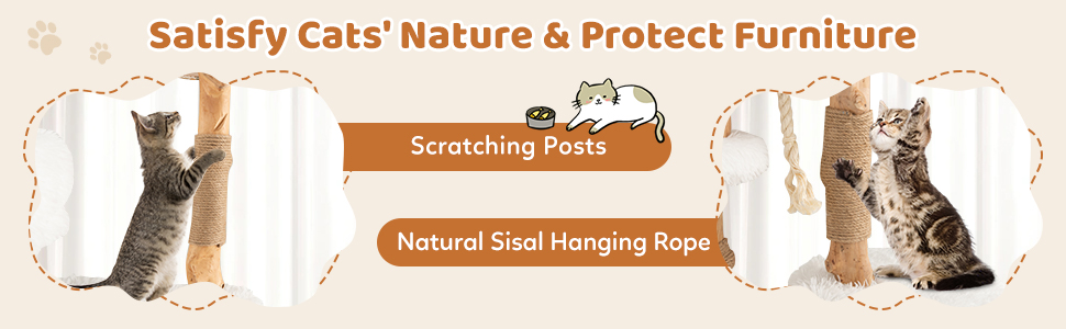 Дерев'яна кігтеточка SOARS для котів з 3 природними стовбурами, ліжком та плюшевими поверхнями, з іграшковим м'ячиком та джутовим мотузком, багатоповерхова, біла (124 см)