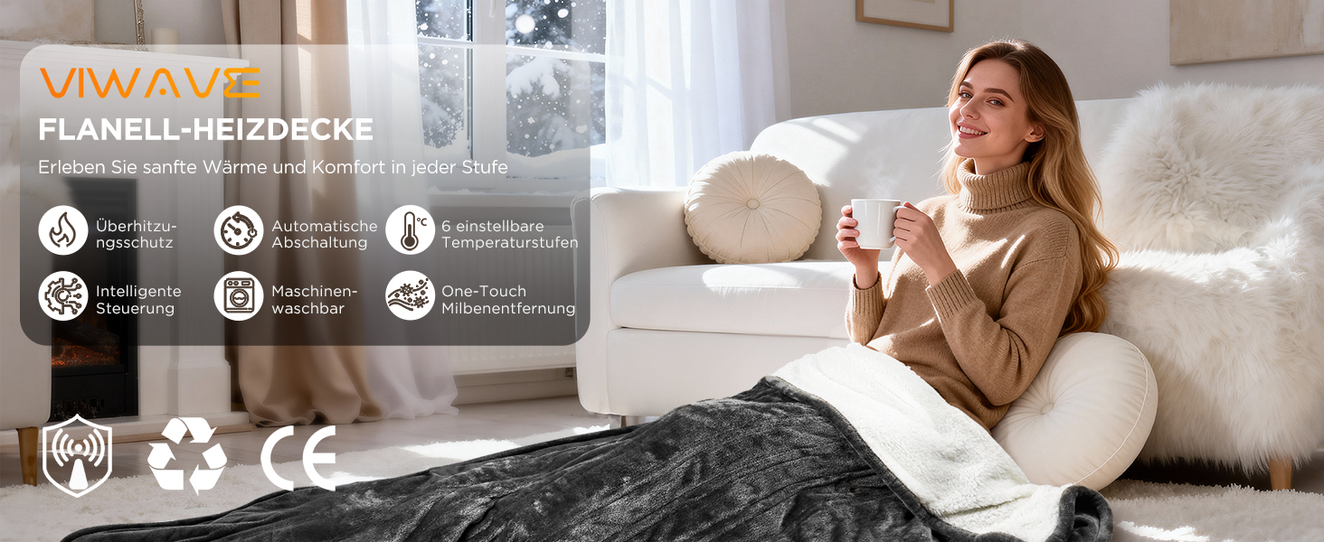 Електрична ковдра VIWAVE з автовимкненням, 6 режимів нагріву, таймер 6 годин, цифровий регулятор, захист від перегріву, 130x180 см