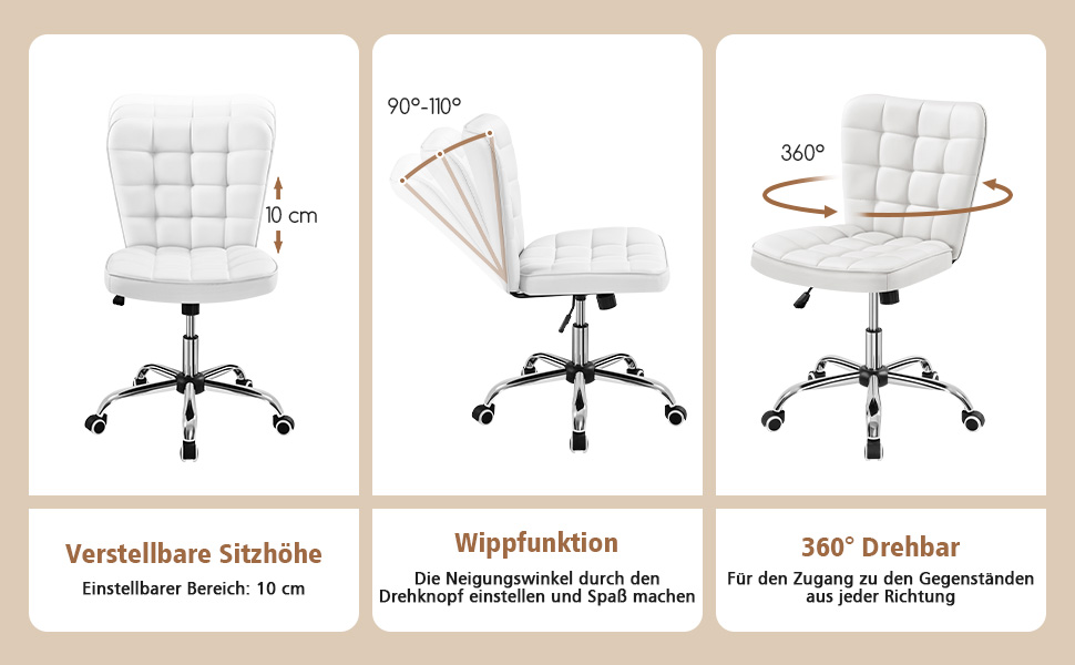 Крісло для дому та офісу Yaheetech, обертове, регульоване по висоті, без підлокітників, на колесах, з штучної шкіри (білий)