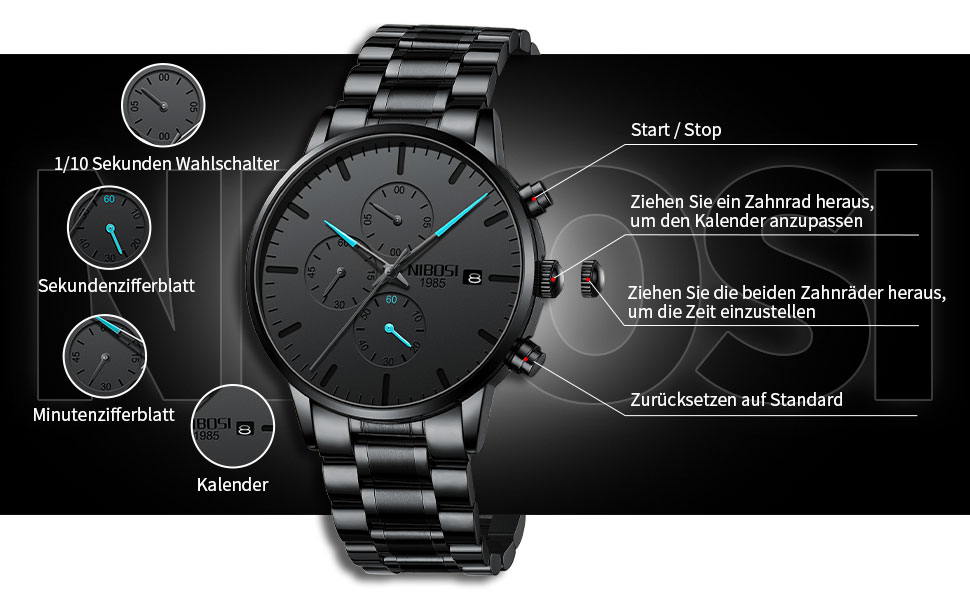 Чоловічий годинник NIBOSI: аналоговий хронограф, бізнес-стиль, водонепроникний, з нержавіючої сталі, для молоді (чорний)