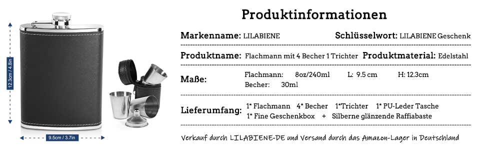 Фляга шкіряна LILABIENE з нержавіючої сталі, чорна, 8oz/240мл, подарунковий набір з 4 стаканчиками та воронкою для чоловіків, на день народження, на батьківський день, на Різдво