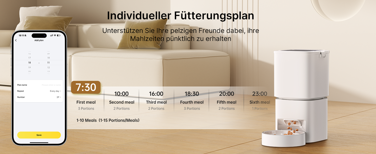 Автоматичний годівниця для котів та собак 5L з Wi-Fi, керування через додаток, 1-10 прийомів їжі на день