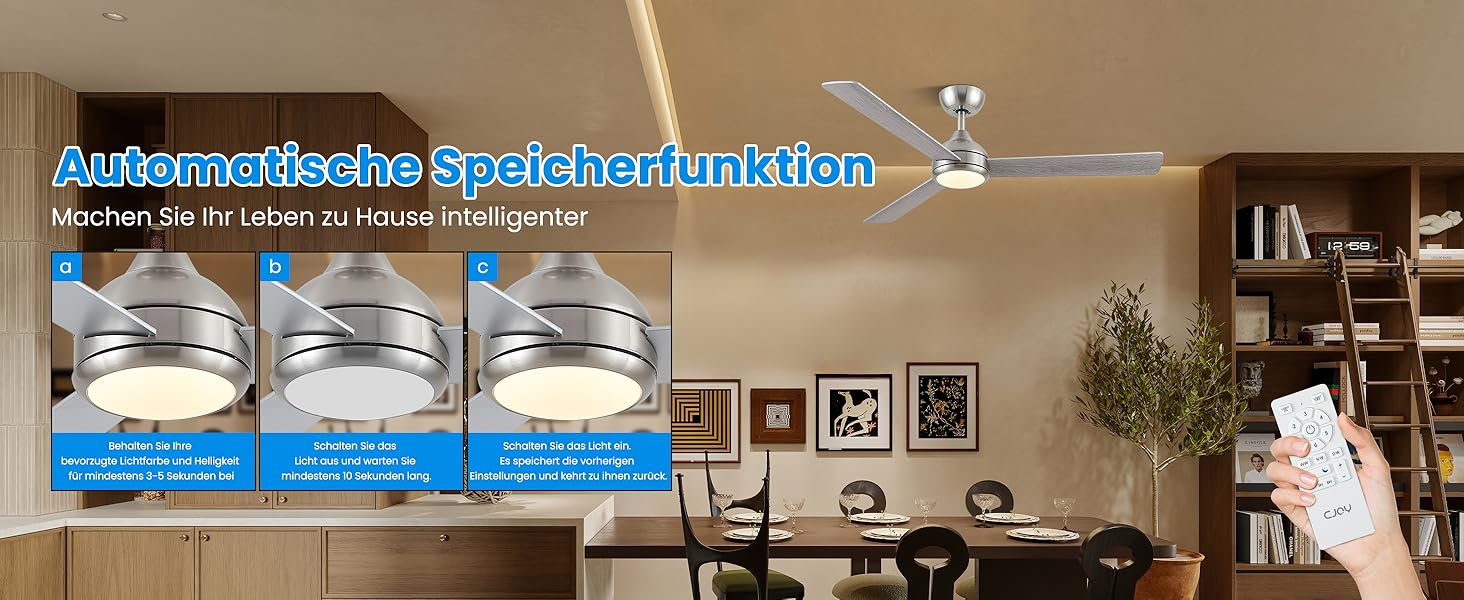 Стеляний вентилятор CJOY з підсвічуванням, 107 см, з пультом керування, тихий, DC, реверсивний, пам'ять 3CCT, диммування, 6 швидкостей, таймер для спальні (132 см - срібний)