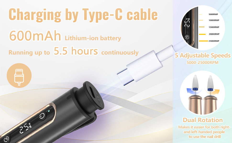 Електричний фрезер для нігтів Denabuty 12 в 1, USB, 25000 об/хв, 5 швидкостей, чорний (DN-2502Z)