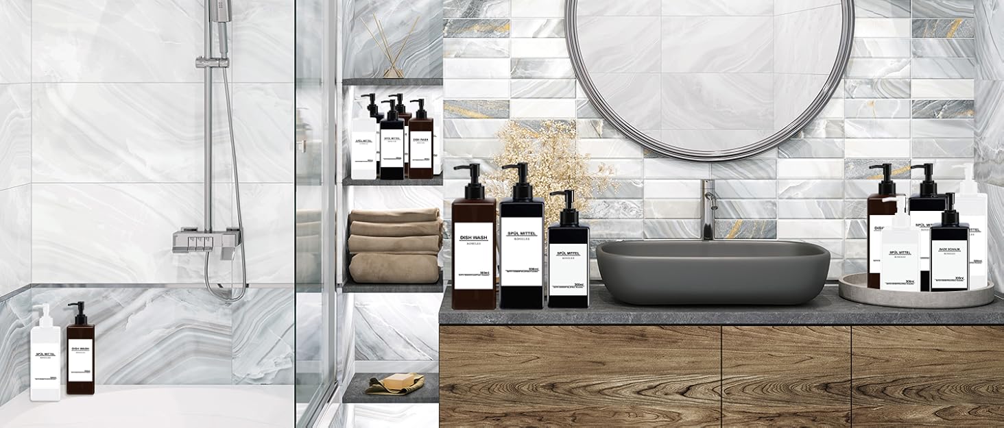 Набір дозаторів для мила Roselee (4 шт.), 500 мл, чорний. Дозатори для душу, шампуню, мила. Пластикові дозатори з воронкою та вологостійкими етикетками для кухні, ванної кімнати.