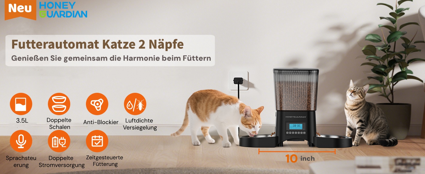 Автоматичний годівник для котів та собак HoneyGuardian з 2 мисками, таймером та великим об'ємом 3.5L, чорний