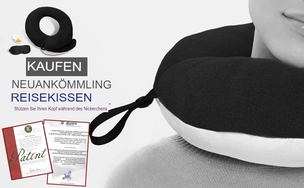 Подушка для шиї BUYUE для подорожей, 360° підтримка голови, сон у дорозі, комплект з маскою для очей, навушниками та чохлом (для дорослих, сіра, до 45 кг)