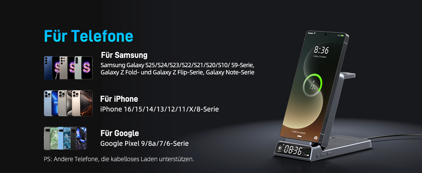 Бездротова зарядка для Samsung з годинником: станція для Galaxy S25 Ultra/S24/Z Fold 6/Flip 7/Bud, Watch, Galaxy Watch 8/7/6/5Pro, 3 в 1, сірий