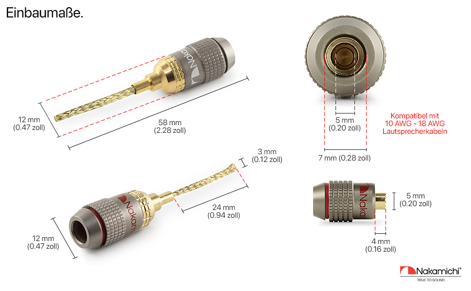 Nakamichi FanLock Excel Serie 24K позолочені бананові штекери 2 мм, 10-18 AWG, 4 мм, для акустичних систем, Hi-Fi аудіокабелів (16 шт - 8 пар)