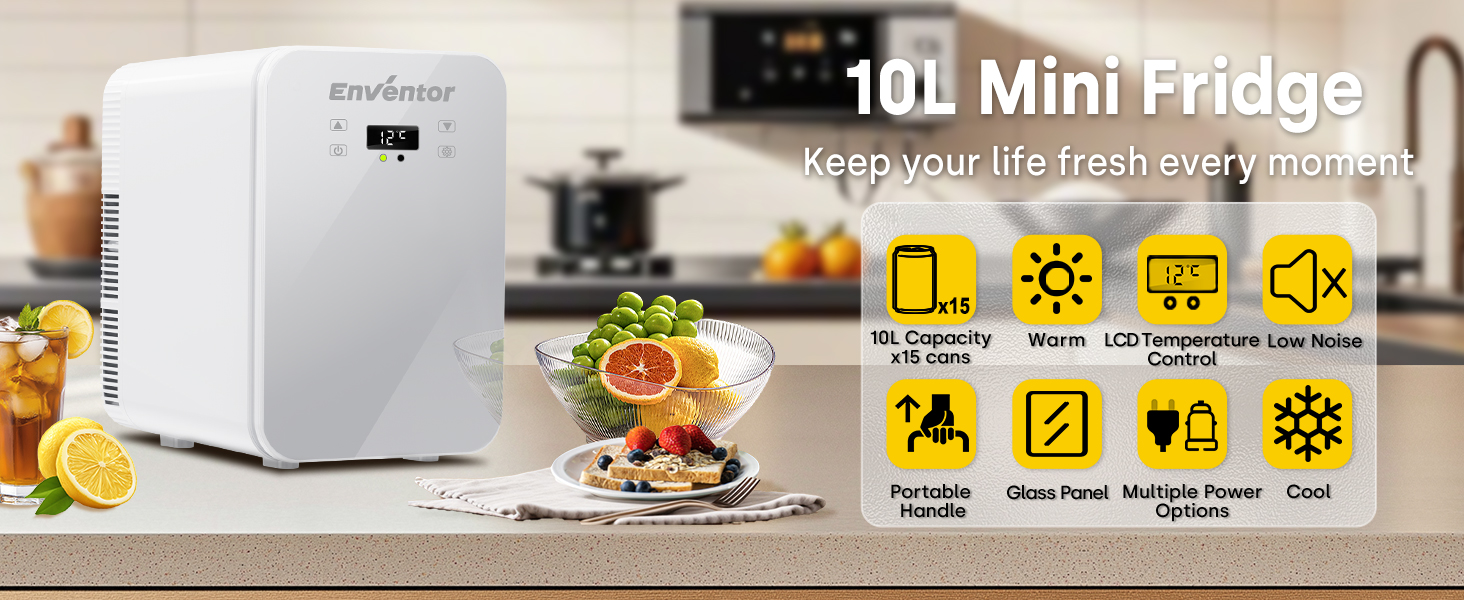 Mini холодильник Enventor 10L: компактний, тихий, з двозонним охолодженням (12V/220V) для авто, кімнати, офісу