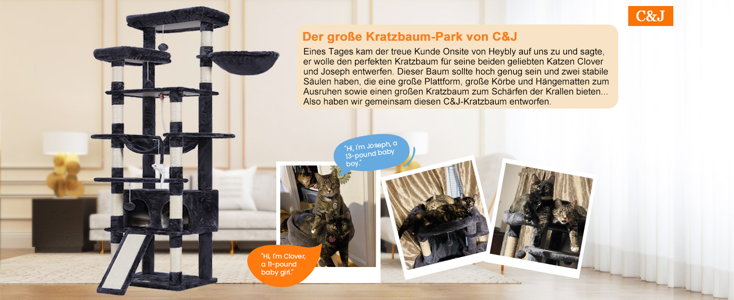 Багатоповерховий котячий будиночок Heybly Kratzbaum, 200 см, з 11 стовпчиками для шліфування, великими платформами, 2 кошиками, гамаком, печерею, плюшевими кульками, сірий (HCT033G)