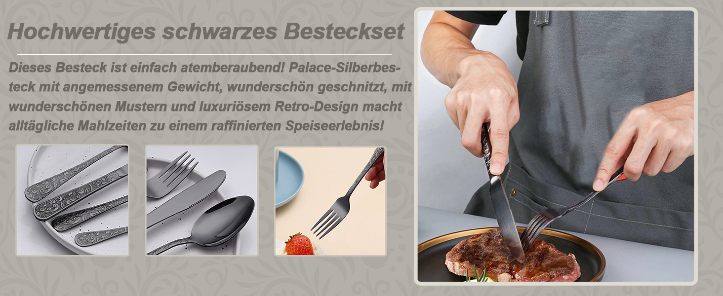 Набір столових приборів з нержавіючої сталі в вінтажному стилі на 6 осіб (чорний, 24 предмети) - ножі, виделки, ложки