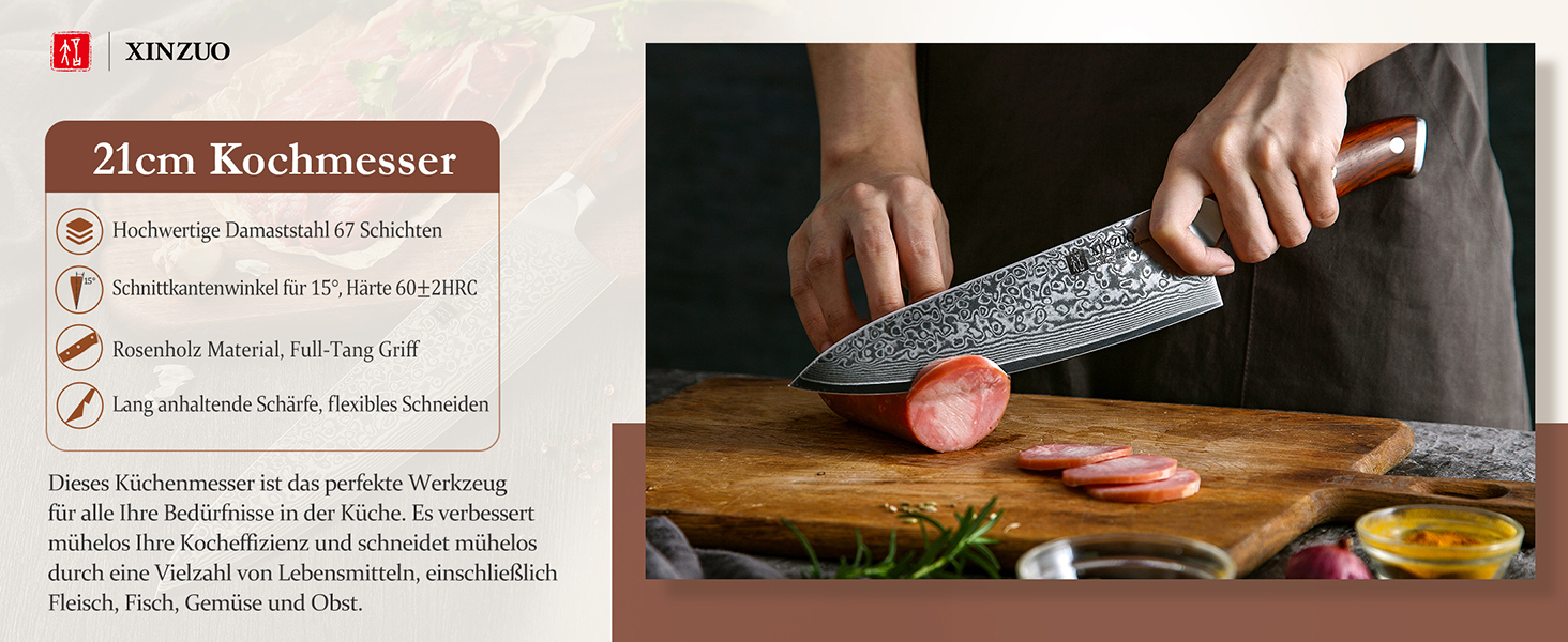 XINZUO 21cm Damascus Chef's Knife - 67 Layer Damascus Steel Gyuto Knife for Meat, Fish & Vegetables - Professional Handcrafted Kitchen Knife with Ergonomic Rosewood Handle