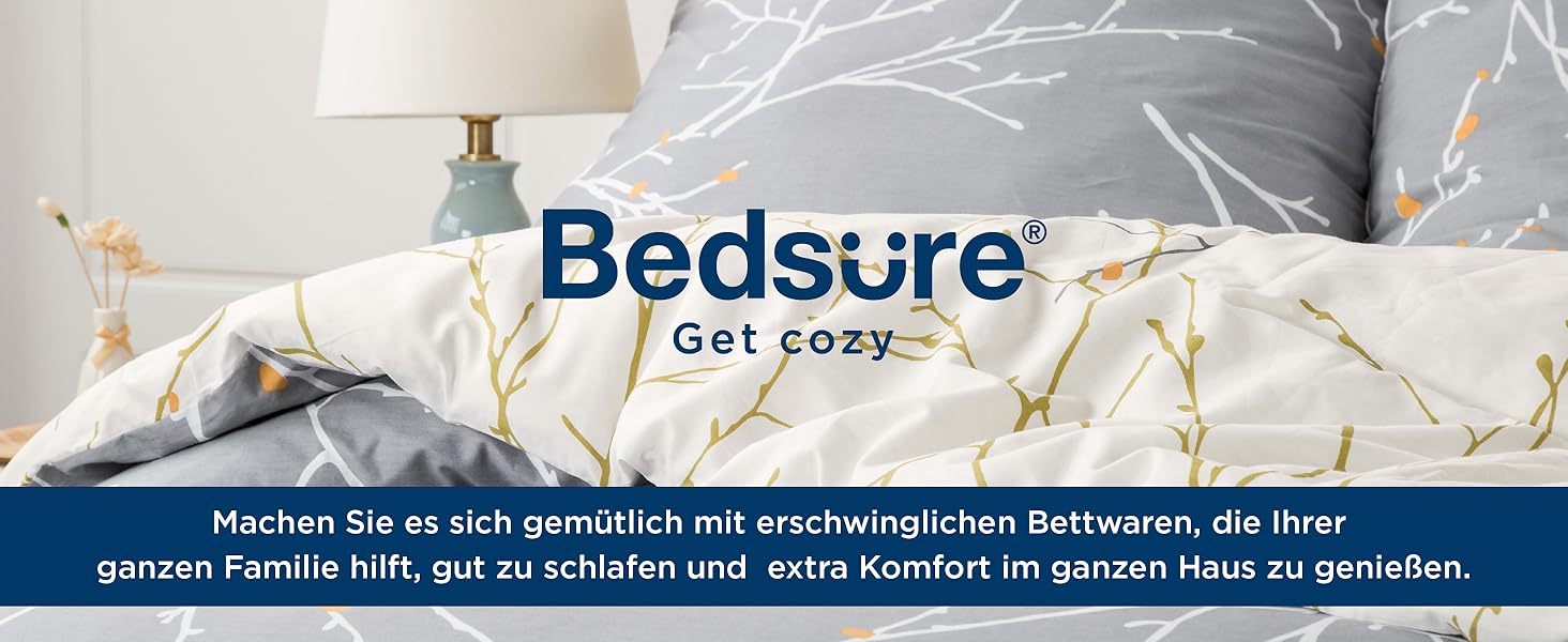 BEDSURE Комплект постільної білизни 135x200, бавовна, 4-х частинний, сірий/бежевий/помаранчевий. Комплект постільної білизни з ковдрою та двома наволочками 80x80 см, з принтом гілок, на блискавці, ÖKO-TEX, комплект постільної білизни
