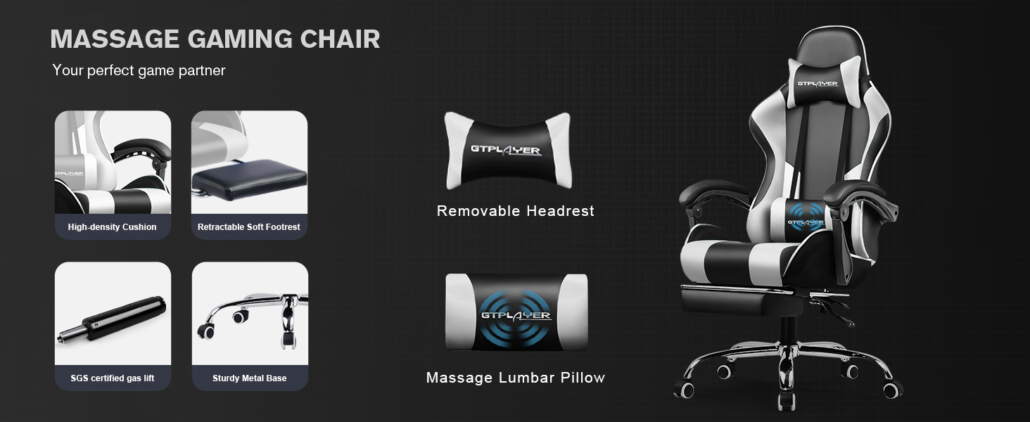 Ігровий крісло GTPLAYER з масажем, підніжка, підголівник, поперекова подушка, обертове, штучна шкіра, білий/чорний