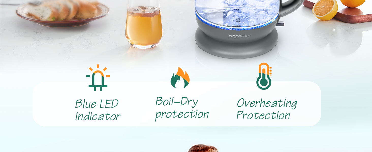 Електричний чайник Aigostar Elfin 1 л, 2200W, з LED-підсвічуванням, з боросилікатного скла, міні-чайник для дому, офісу, гуртожитку, BPA Free, чорний