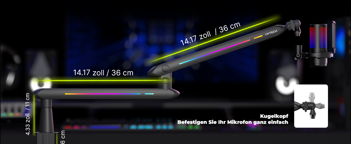 Кріплення для мікрофона IXTECH RGB Low Profile з регулюванням, настільний стійка з кріпленням, поворотний мікрофонний тримач з кабельною організацією для стрімінгу та подкастів, 4 ящірки RGB