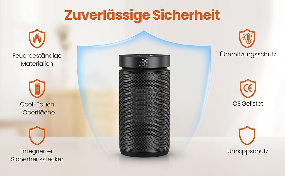 Електричний обігрівач 1500W з термостатом, PTC-кераміка, захист від перегріву та перекидання, 3 режими, таймер 12h, осциляція 70°, для дому, кемпінгу, офісу