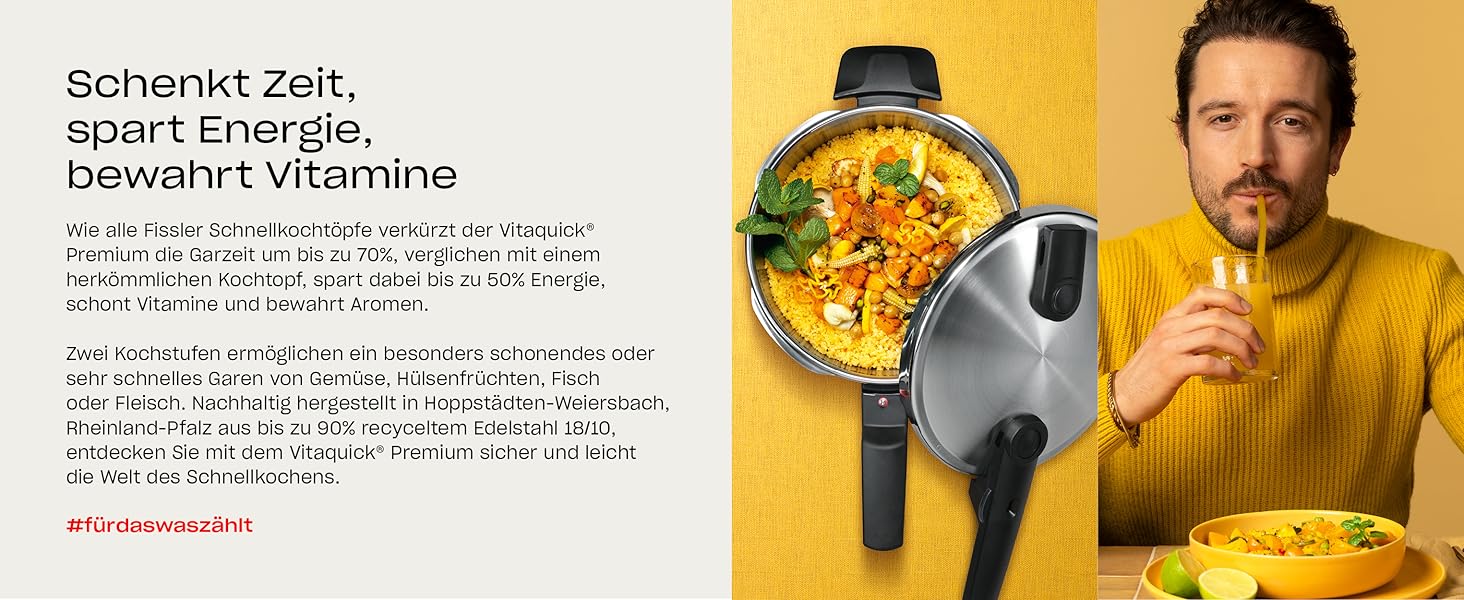 Скороварка Fissler Vitaquick Premium 4,5 л з нержавіючої сталі, для індукції, 2 режими приготування, Ø22 см, вироблено в Німеччині
