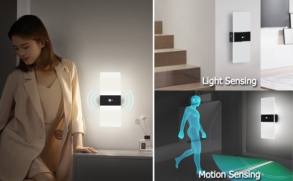 LED настінний світильник VOMI з датчиком руху, акумуляторний, бездротовий, USB зарядка, 4000mAh, для коридору та сходів, 2 білих світлодіодів, 6000K