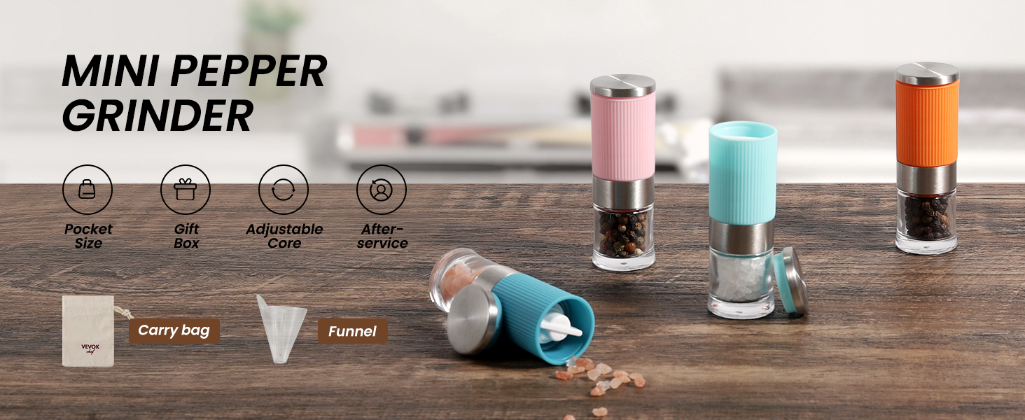 Набір для солі та перцю Vevok Chef Mini 2 шт. з регульованою керамічною млинкою, для кухні, кемпінгу, подарунок (Помаранчевий)