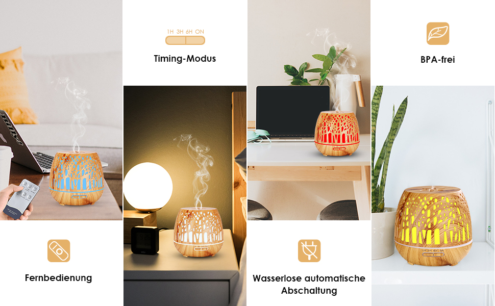 Дифузор Aroma Simpeak 400 мл, ультразвуковий аромадифузор з дерева для ефірних олій, зволожувач повітря з пультом дистанційного керування - дерев'яна різьба, світло-коричневий, легке дерево