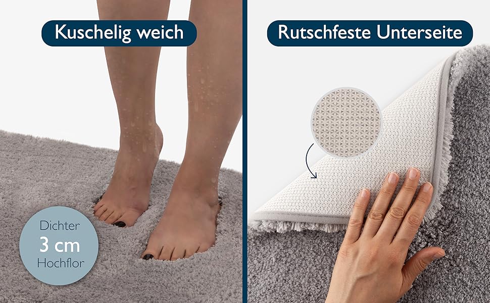 Beautissu Non-Slip Bath Mat - 120x70 cm - Plush Shaggy Rug for Bathroom - Washable, Grey - BeauMare FL