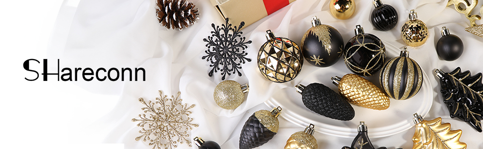 Набір прикрас для ялинки Shareconn: 106 шт., 24 кольори, ударостійкі кулі, декор для ялинки, свята, весілля (чорний та шампань-золото)
