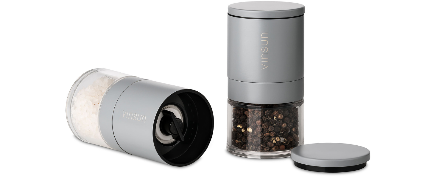 Набір з 2 мельниць для солі та перцю Vinsun - керамічний механізм, регульовані, ручні, нержавіюча сталь, кремово-білі