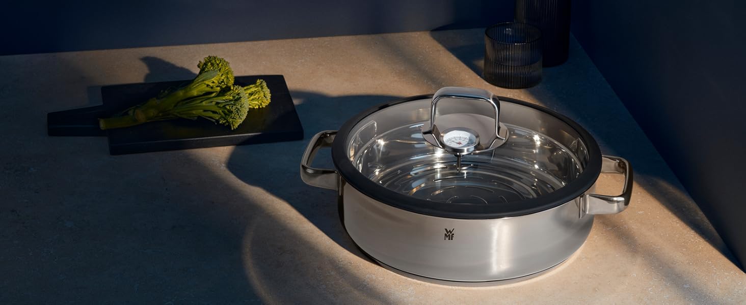 Пароварка WMF Vitalis Aroma, 28 см, з нержавіючої сталі Cromargan, 5 л, з термометром та кришкою зі склом, для плити та духовки